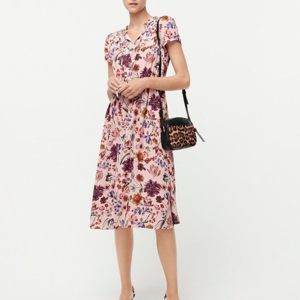 JCrew Pink Floral Cap Sleeve Tie Neck Midi Dutch Floral print Dress